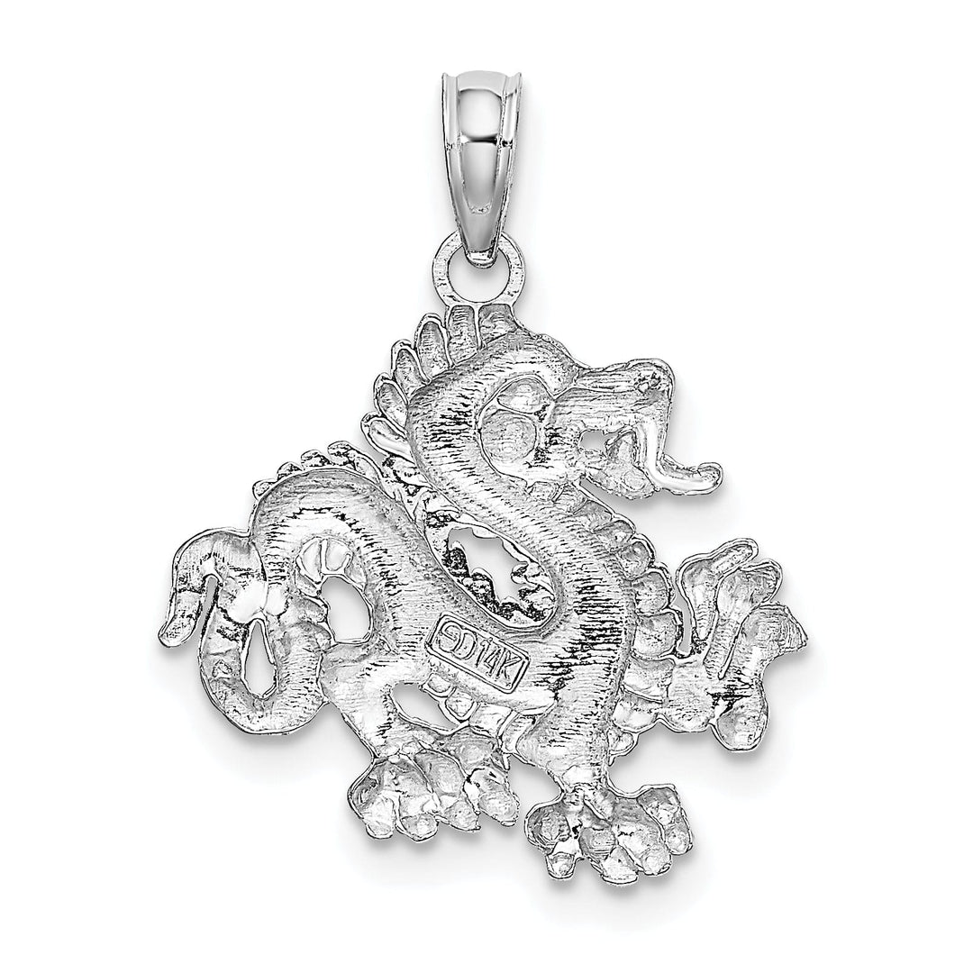 14k White Gold Solid Polished Textured Finish Small Size 3-Dimensional Dragon Design Charm Pendant