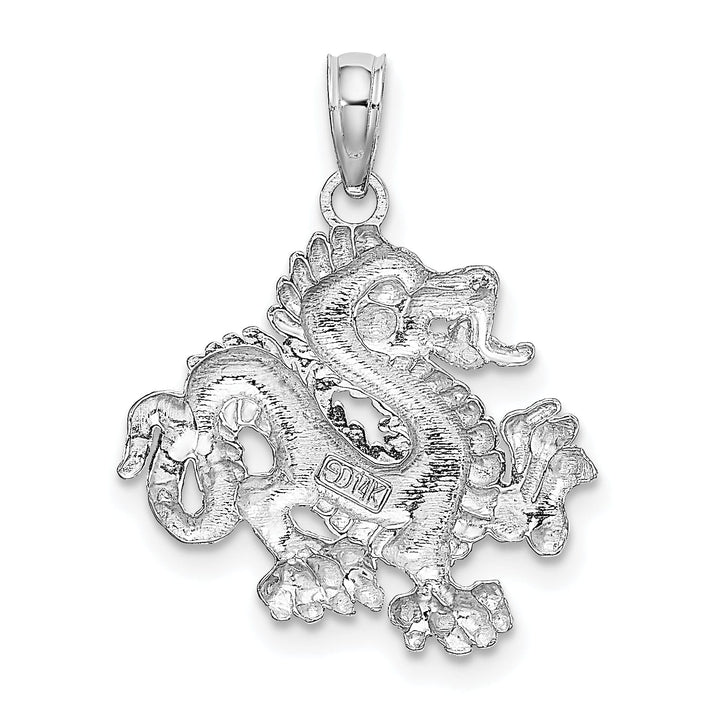 14k White Gold Solid Polished Textured Finish Small Size 3-Dimensional Dragon Design Charm Pendant