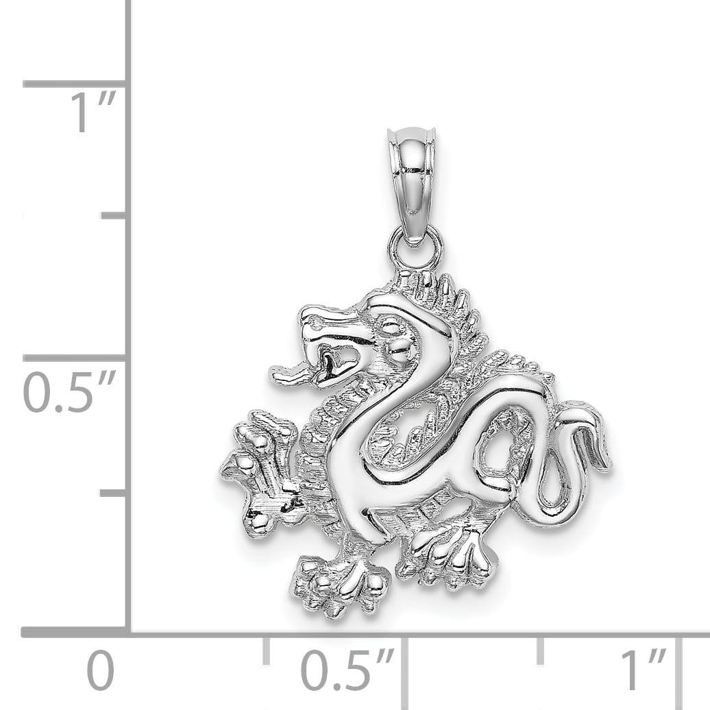 14k White Gold Solid Polished Textured Finish Small Size 3-Dimensional Dragon Design Charm Pendant
