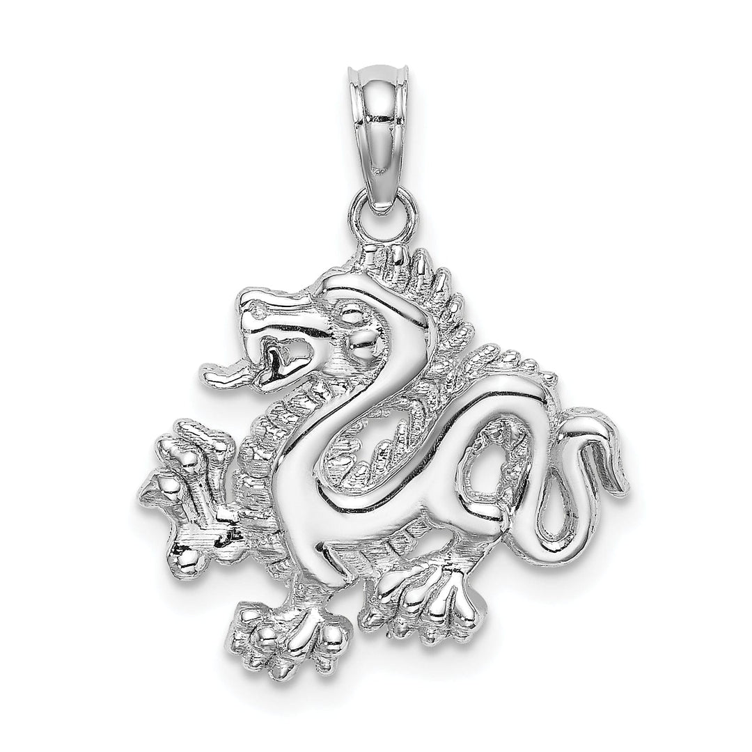 14k White Gold Solid Polished Textured Finish Small Size 3-Dimensional Dragon Design Charm Pendant