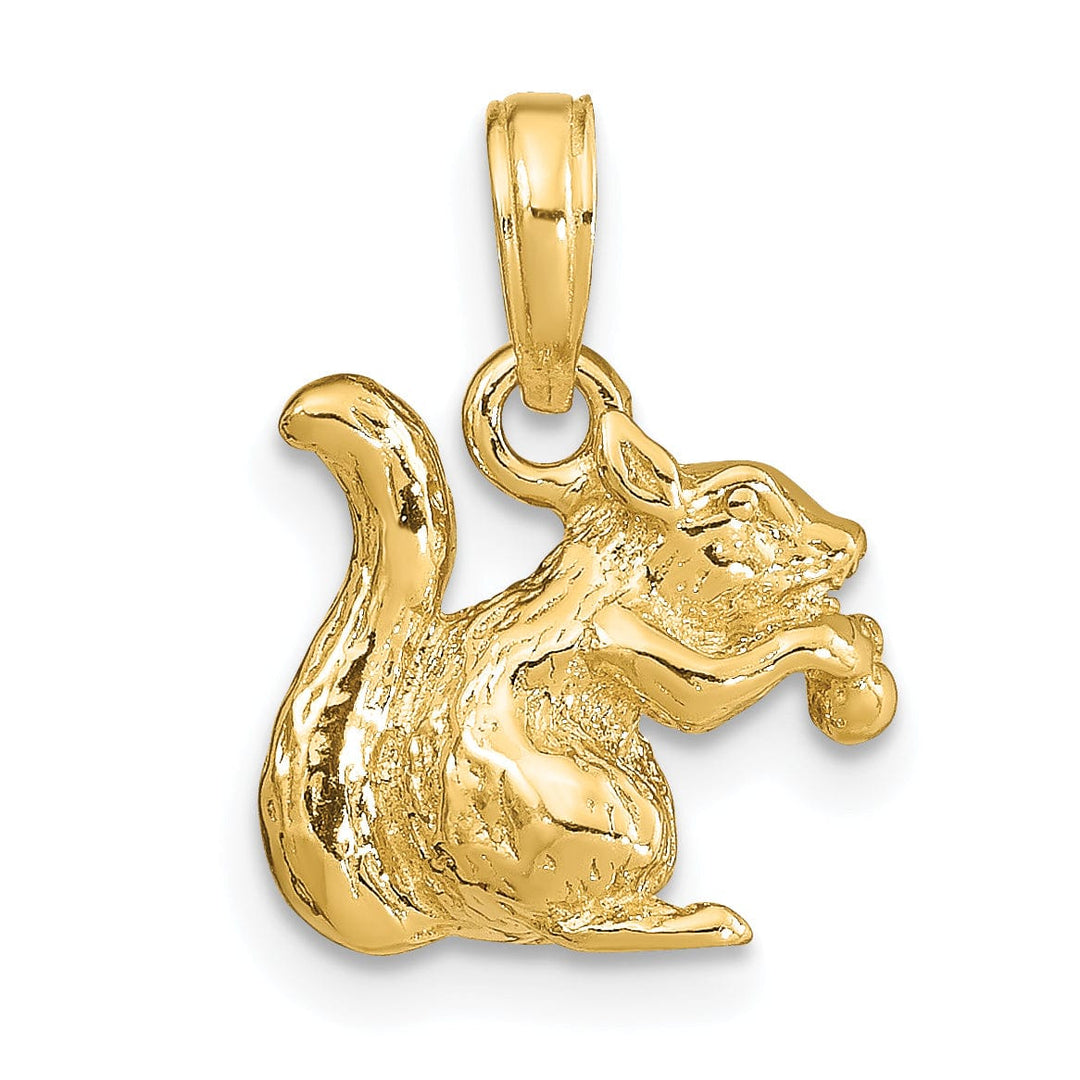 14k Yellow Gold Textured Polished Finish Solid 3-Dimentional Squirrel with Nut Charm Pendant