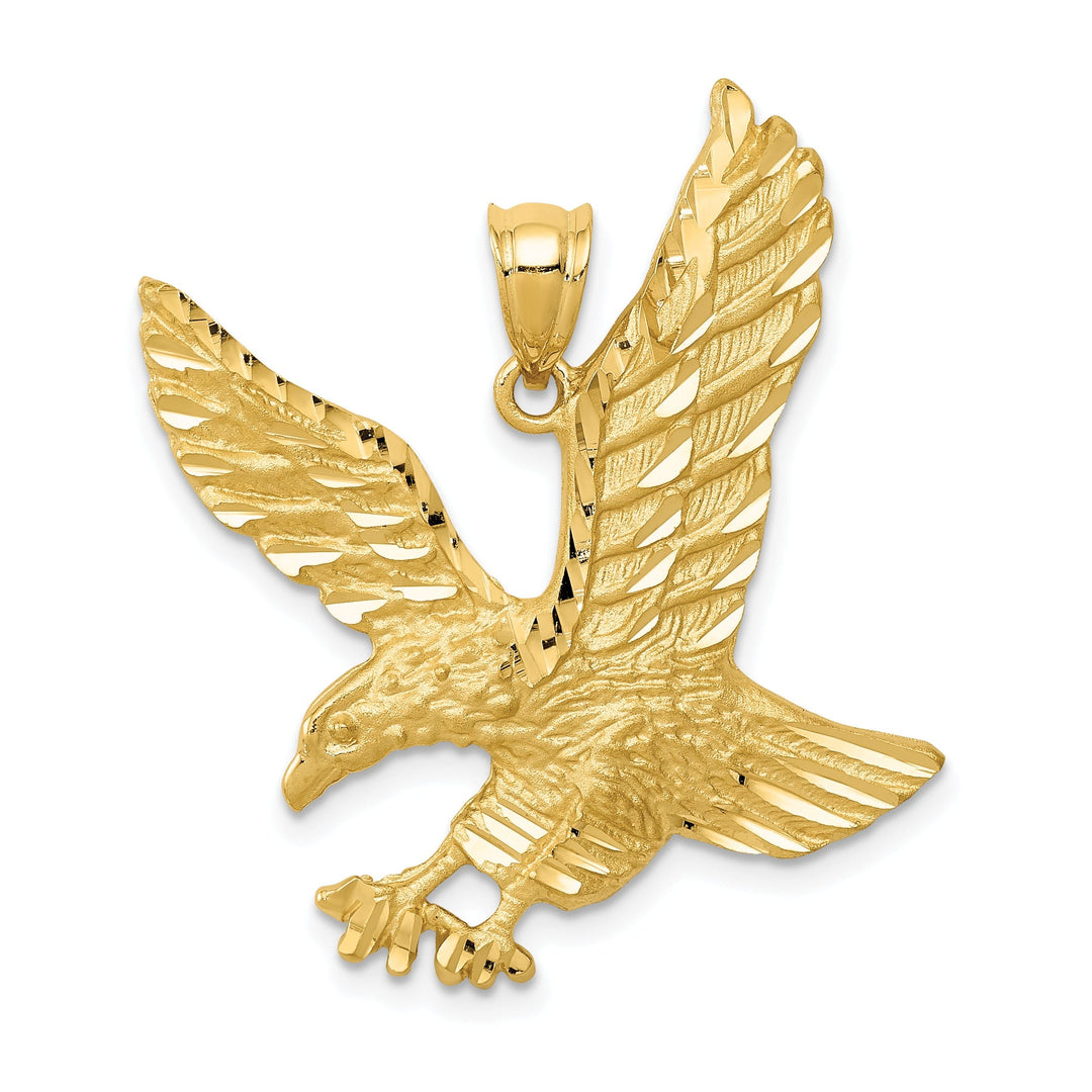 14k Yellow Gold Satin Brush Diamond Cut Finish Solid Mens Eagle Pendant