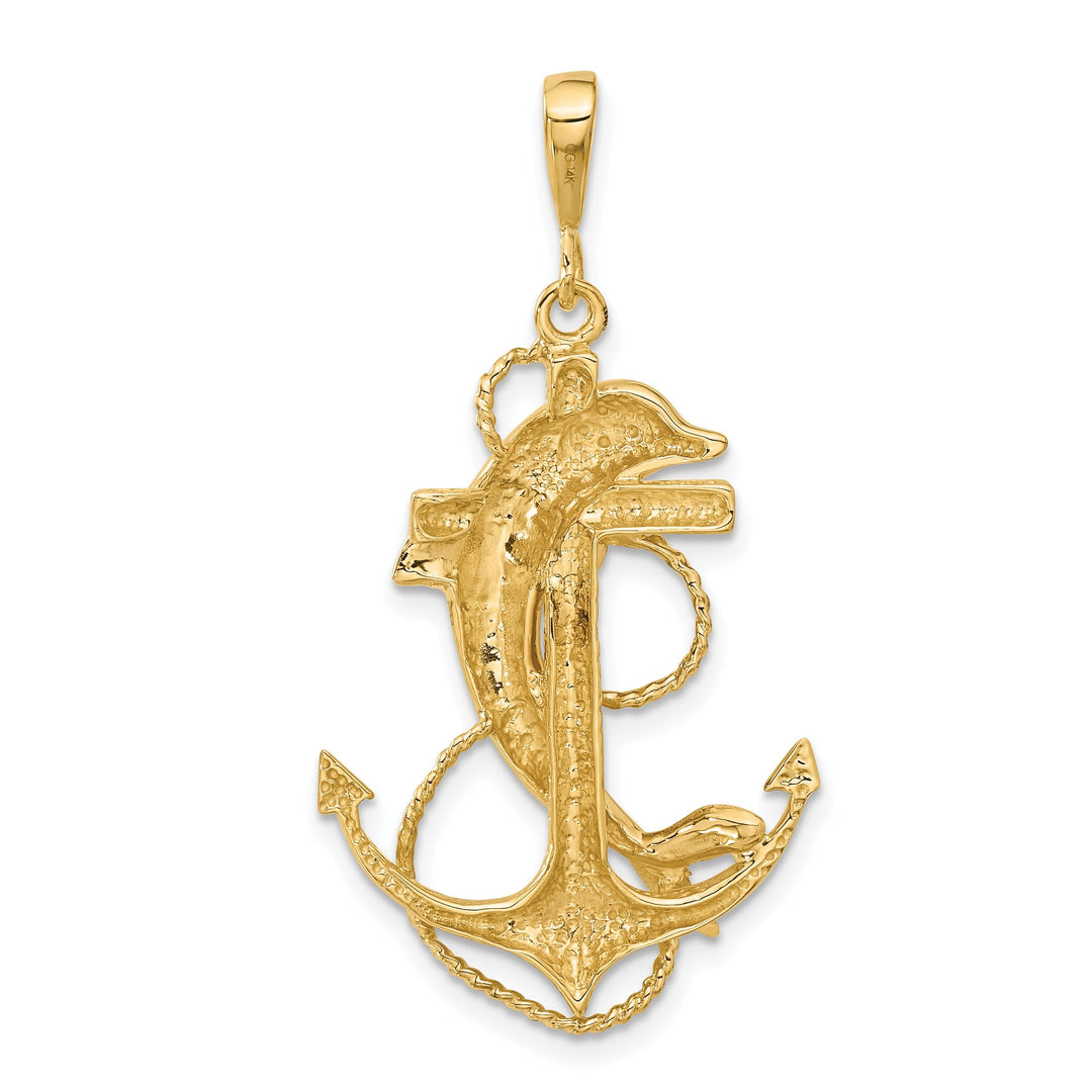 14k Yellow Gold Solid Polished Finish Dolphin on Anchor Design Charm Pendant