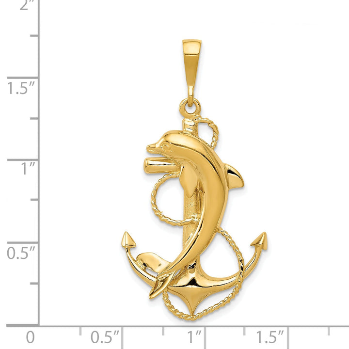 14k Yellow Gold Solid Polished Finish Dolphin on Anchor Design Charm Pendant