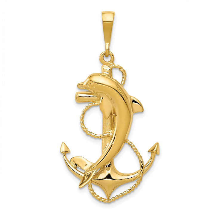 14k Yellow Gold Solid Polished Finish Dolphin on Anchor Design Charm Pendant