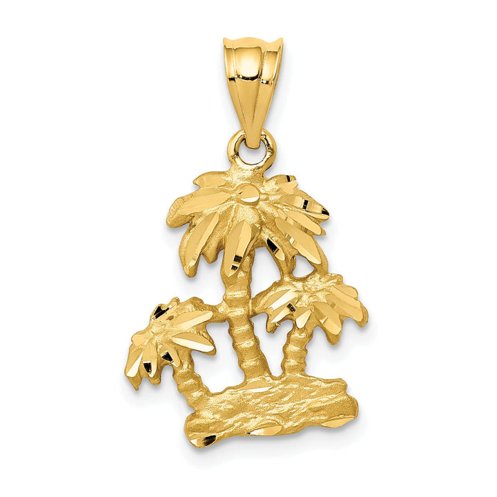 14k Yellow Gold Satin Diamond Cut Finish Open-Backed 3-Palm Trees on Island Charm Pendant