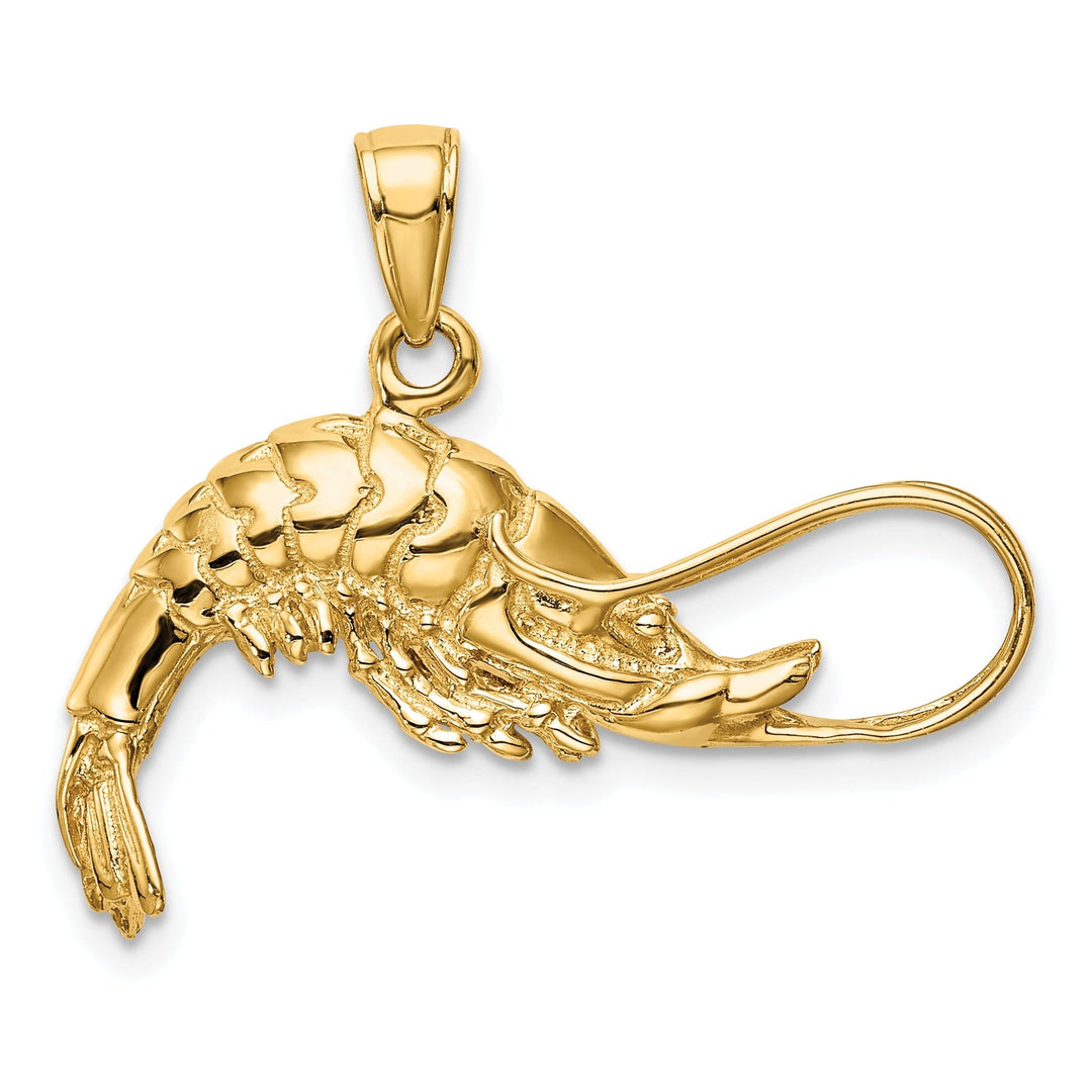 14K Yellow Gold Polished Finish Solid 3-Dimensional Shrimp Charm Pendant