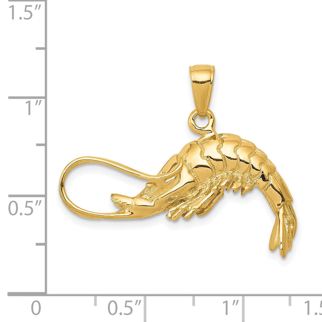 14K Yellow Gold Polished Finish Solid 3-Dimensional Shrimp Charm Pendant