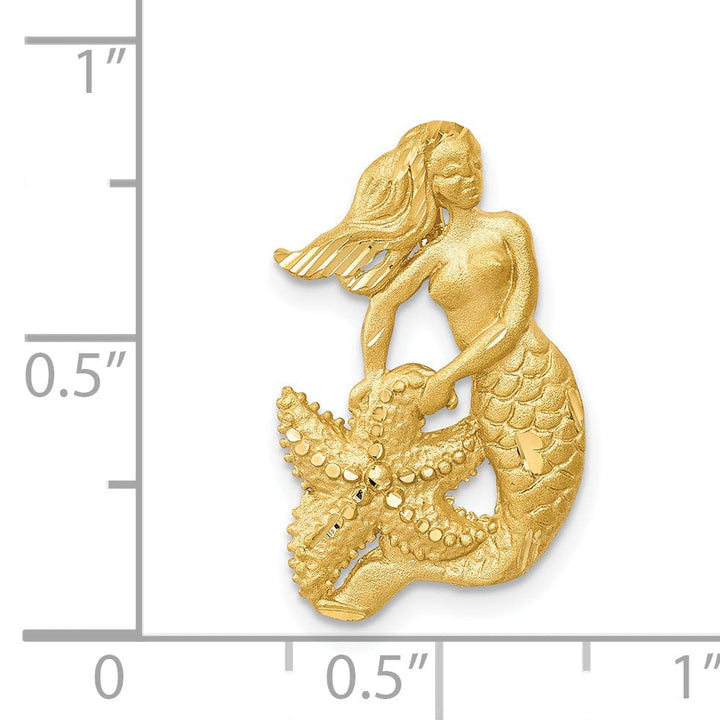 14k Yellow Gold Satin Diamond Cut Finish Open-Backed Mermaid With Star Fish Design Charm Pendant