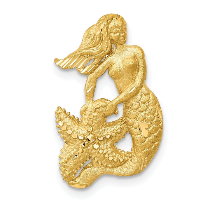 14k Yellow Gold Satin Diamond Cut Finish Open-Backed Mermaid With Star Fish Design Charm Pendant