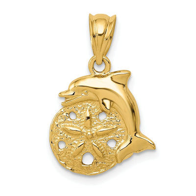 14k Yellow Gold Textured Polished Finish Solid Dolphin with Sanddollar Shell Design Charm Pendant
