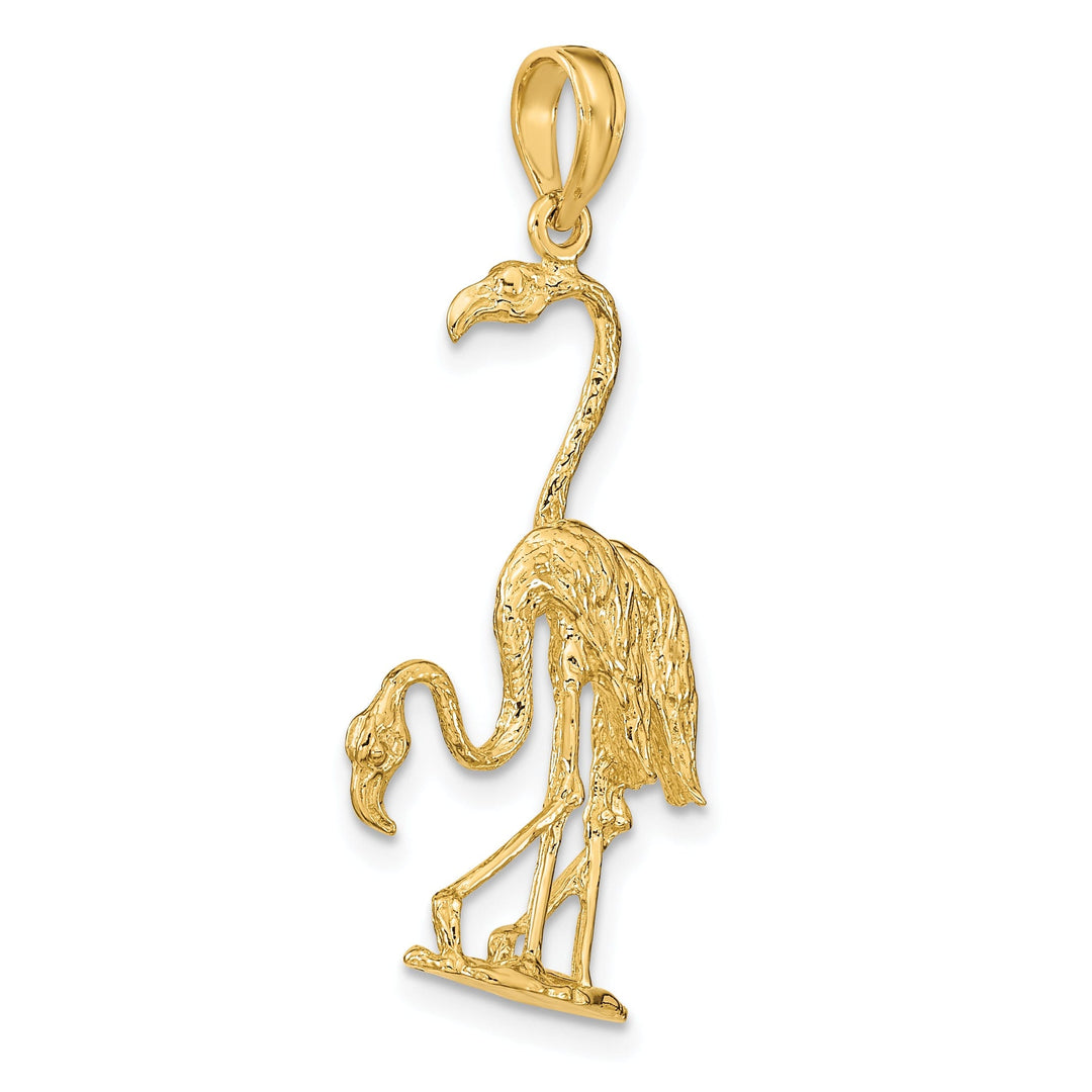 14k Yellow Gold Textured Polished Finish 3-Dimensional Double Flamingo Bird Charm Pendant