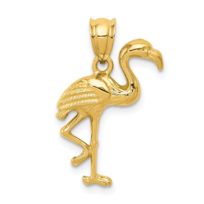 14k Yellow Gold Solid Polished Texture Finish Open-Backed Flamingo On one Leg CharmPendant