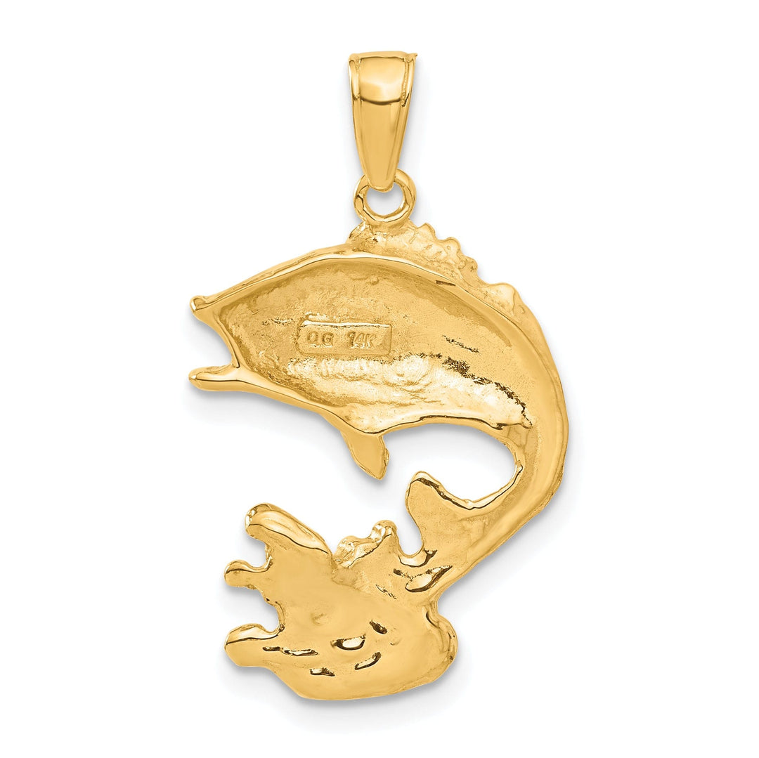 14k Yellow Gold Solid Polished Textured Finish Bass Fish Charm Pendant
