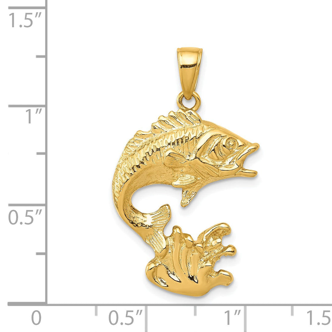 14k Yellow Gold Solid Polished Textured Finish Bass Fish Charm Pendant