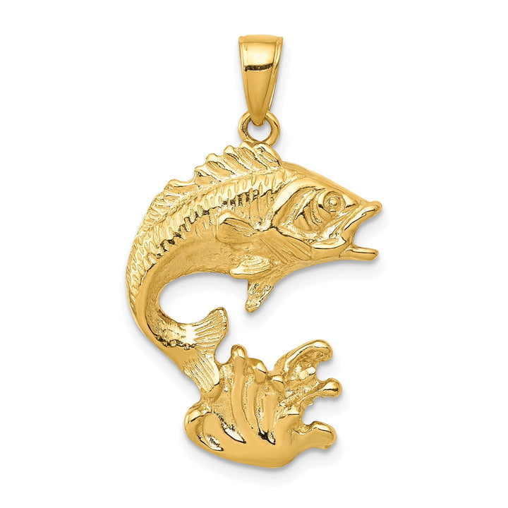 14k Yellow Gold Solid Polished Textured Finish Bass Fish Charm Pendant