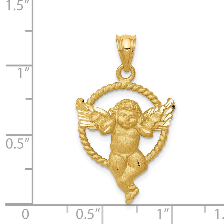 14k Yellow Gold Satin Finish Solid Angel in Circle Shape Pendant