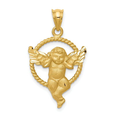 14k Yellow Gold Satin Finish Solid Angel in Circle Shape Pendant