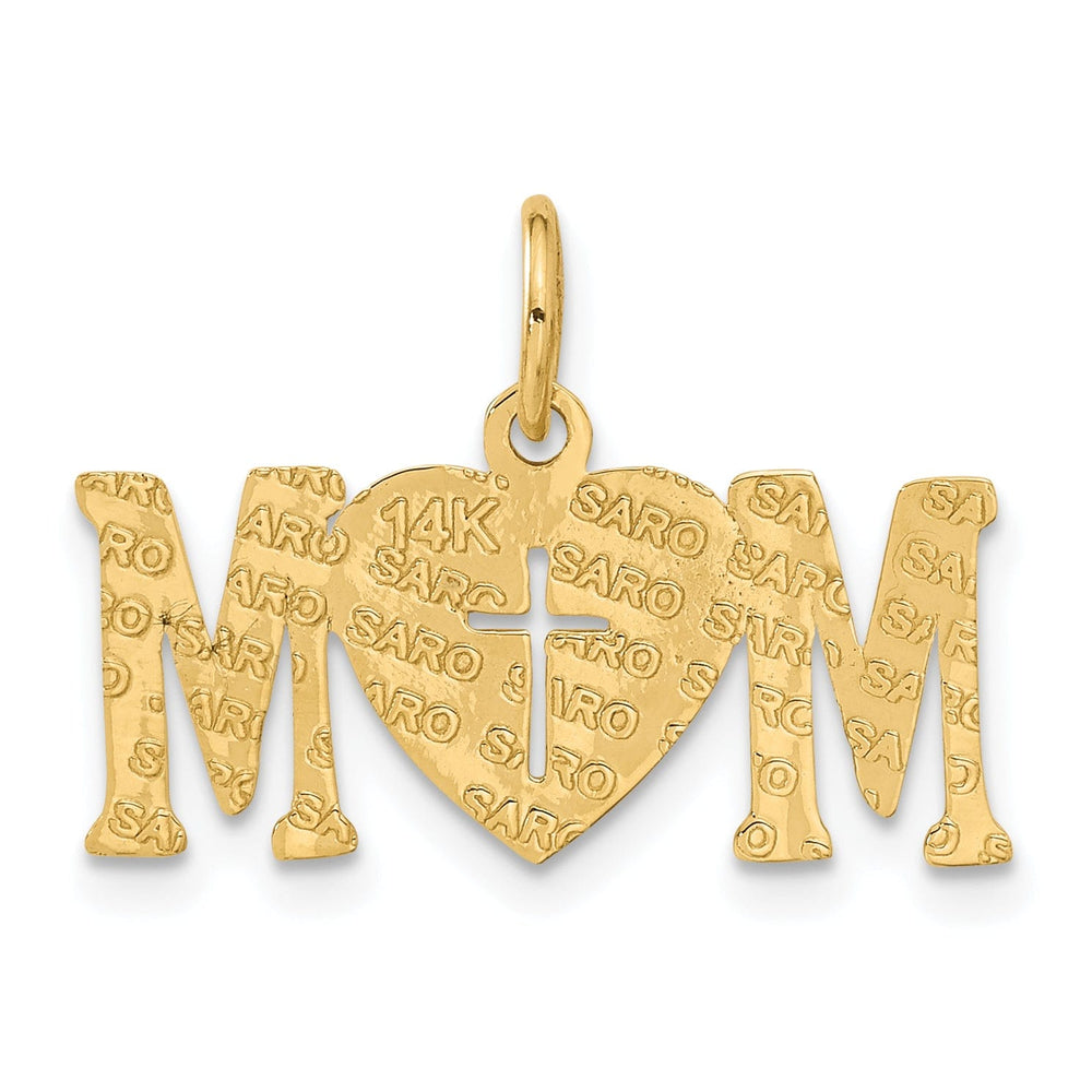 14k Yellow Gold Solid Polished Finish Script MOM with Cross in Heart Design Pendant