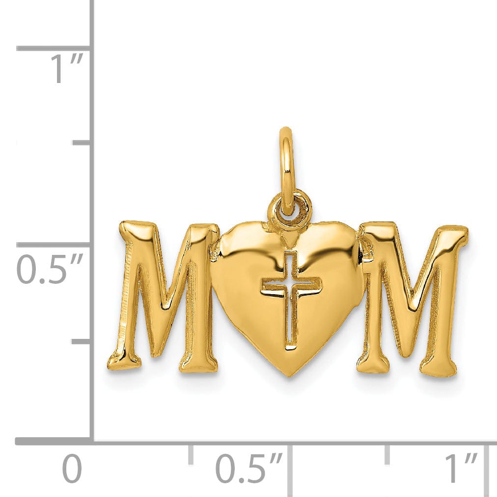 14k Yellow Gold Solid Polished Finish Script MOM with Cross in Heart Design Pendant