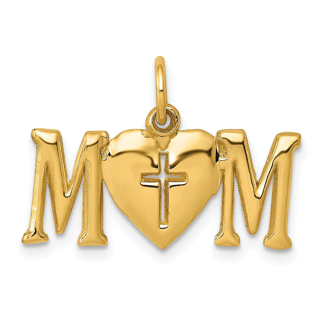 14k Yellow Gold Solid Polished Finish Script MOM with Cross in Heart Design Pendant