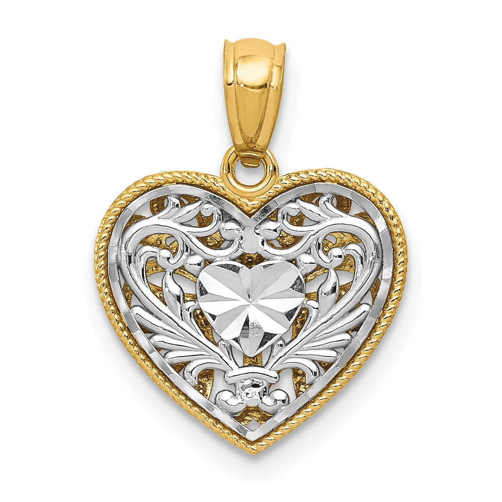 14K Two-Tone Gold Solid Polished Diamond Cut Finish Reversible Fancy Filigree Design Heart Shape Charm Pendant