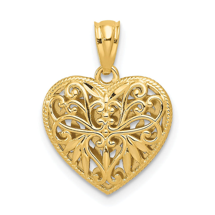 14K Two-Tone Gold Solid Polished Diamond Cut Finish Reversible Fancy Filigree Design Heart Shape Charm Pendant