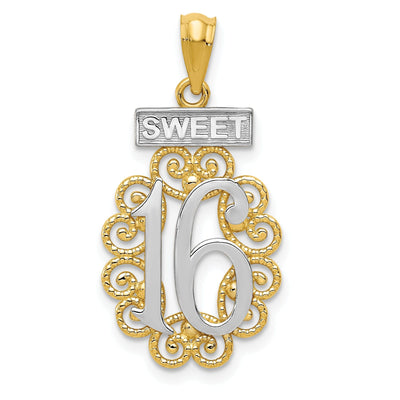 14k Two Tone Gold Filigree Sweet 16 Pendant at $ 105.08 only from Jewelryshopping.com