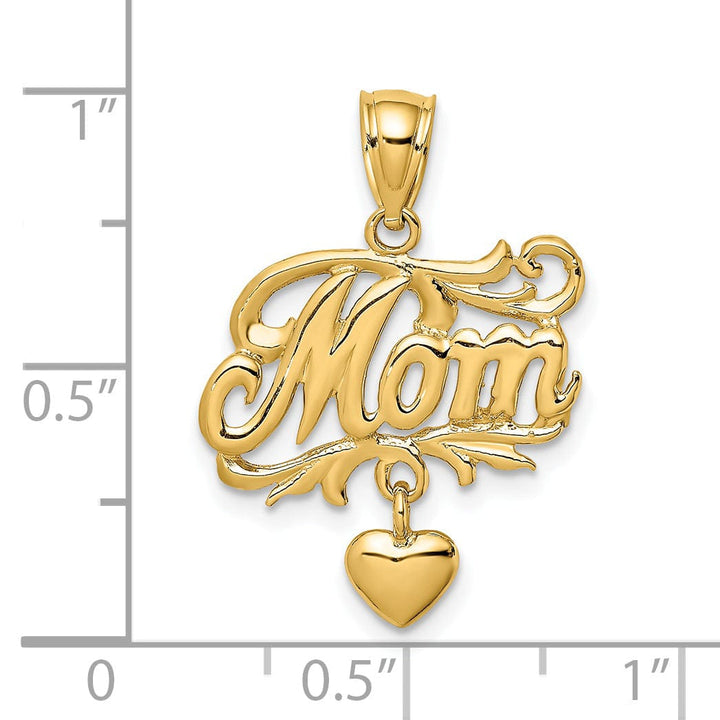 14k Yellow Gold Polished Finish MOM with Dangling Heart Design Charm Pendant