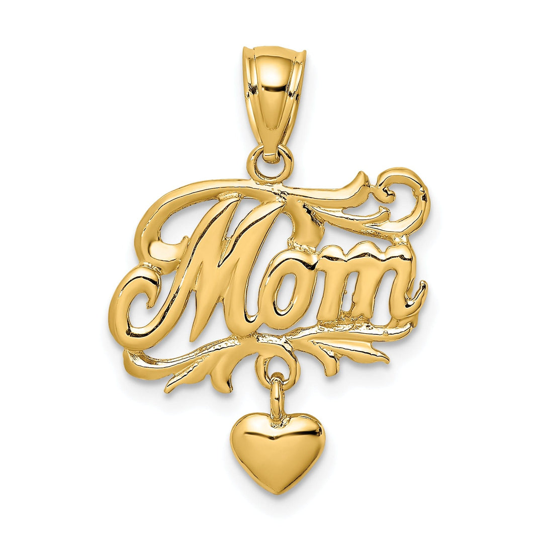 14k Yellow Gold Polished Finish MOM with Dangling Heart Design Charm Pendant