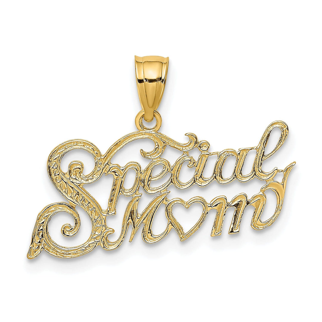 14k Yellow Gold Textured Polished Finish Fancy Script Design SPECIAL MOM Charm Pendant