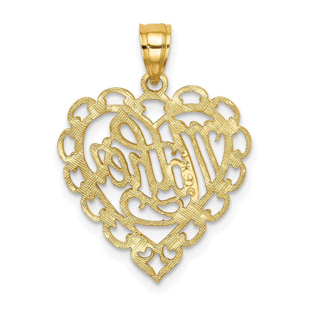 14k Yellow Gold Polished Tetxtured Finish MOTHER in Lace Heart Design Charm Pendant
