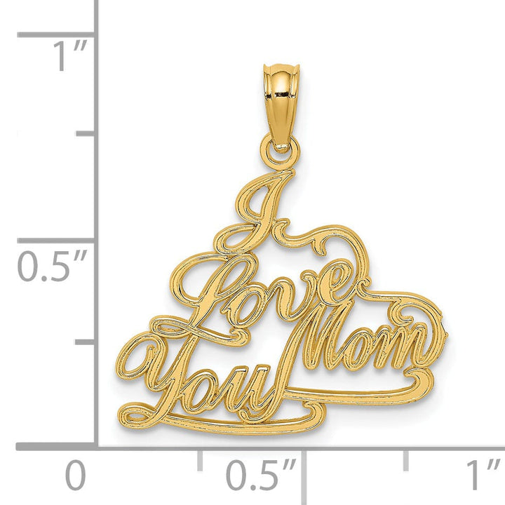 14k Yellow Gold Flat Back Polished Finish in Script I LOVE YOU MOM Charm Pendant Design