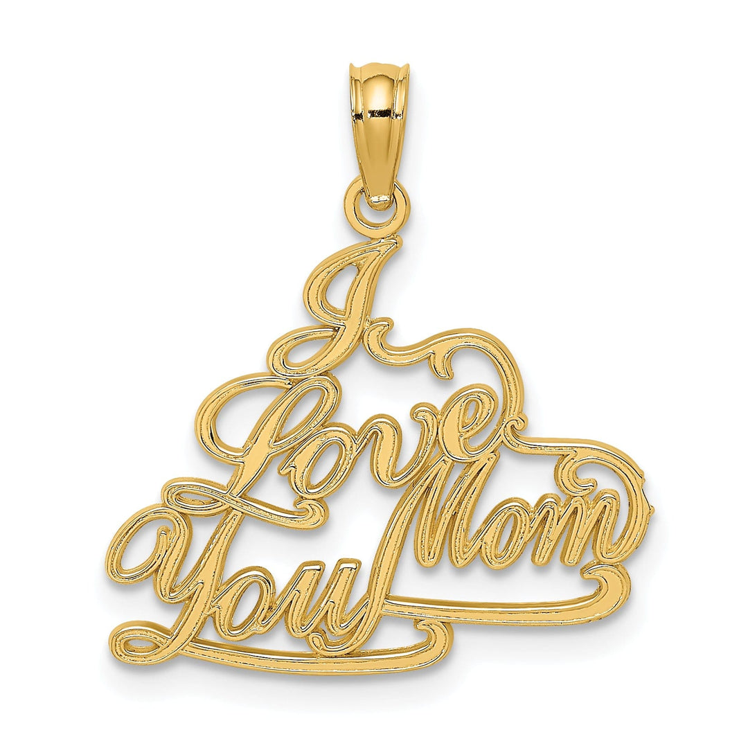 14k Yellow Gold Flat Back Polished Finish in Script I LOVE YOU MOM Charm Pendant Design