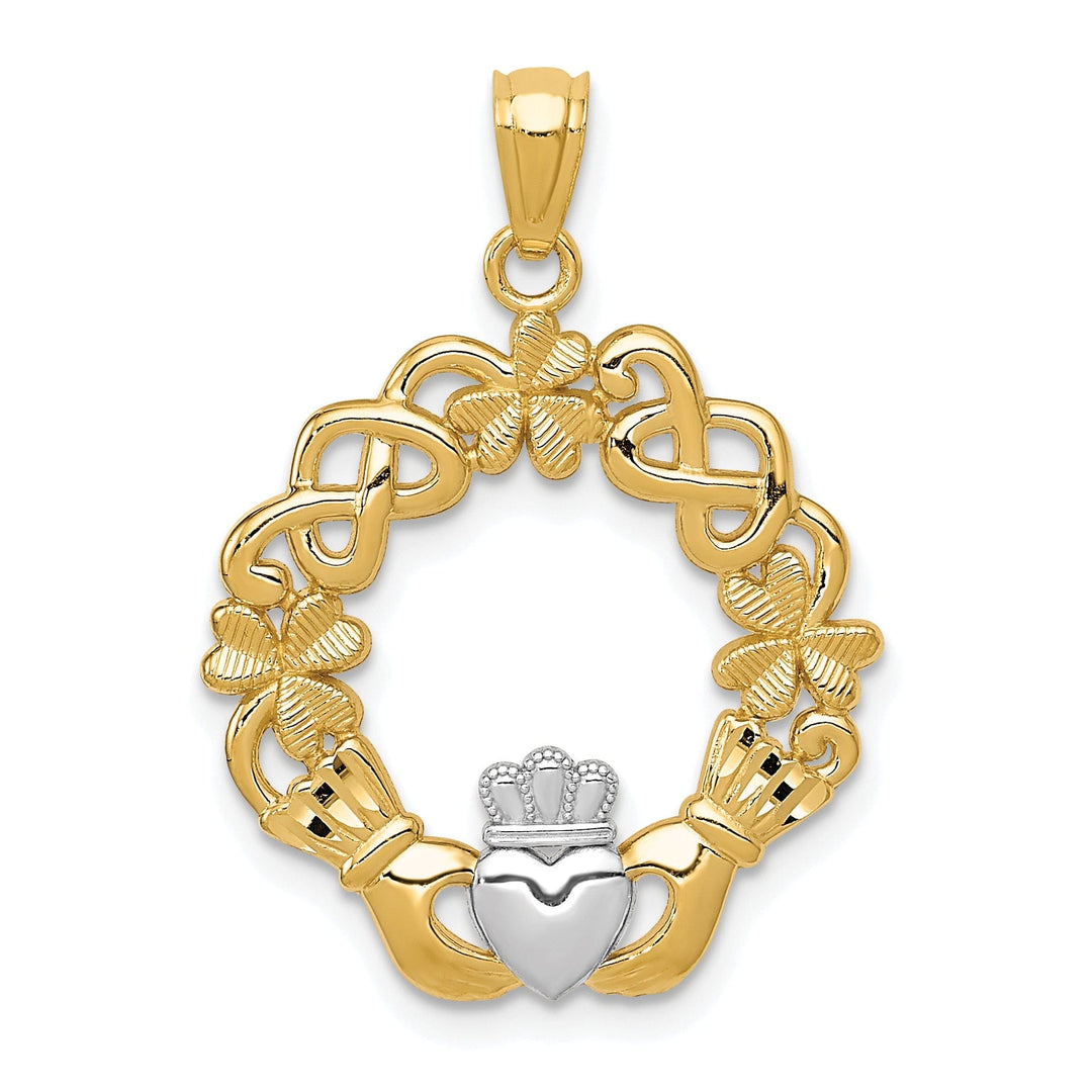 14k Yellow Gold White Rhodium Solid Textured Polished Finished Mens Claddagh Design Charm Pendant