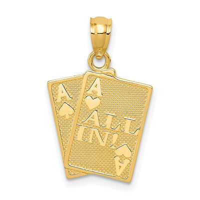 14k Yellow Gold Solid Texture Polished Finish Ace of Hearts and Ace of Spades ALL IN! Cards Charm Pendant
