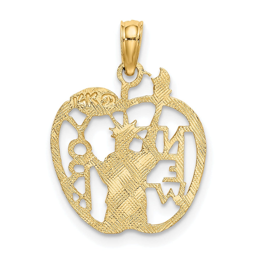 14k Yellow Gold Solid Polished Textured Finish NEW YORK with Statue of Liberty in Apple Cut Out Design Charm Pendant