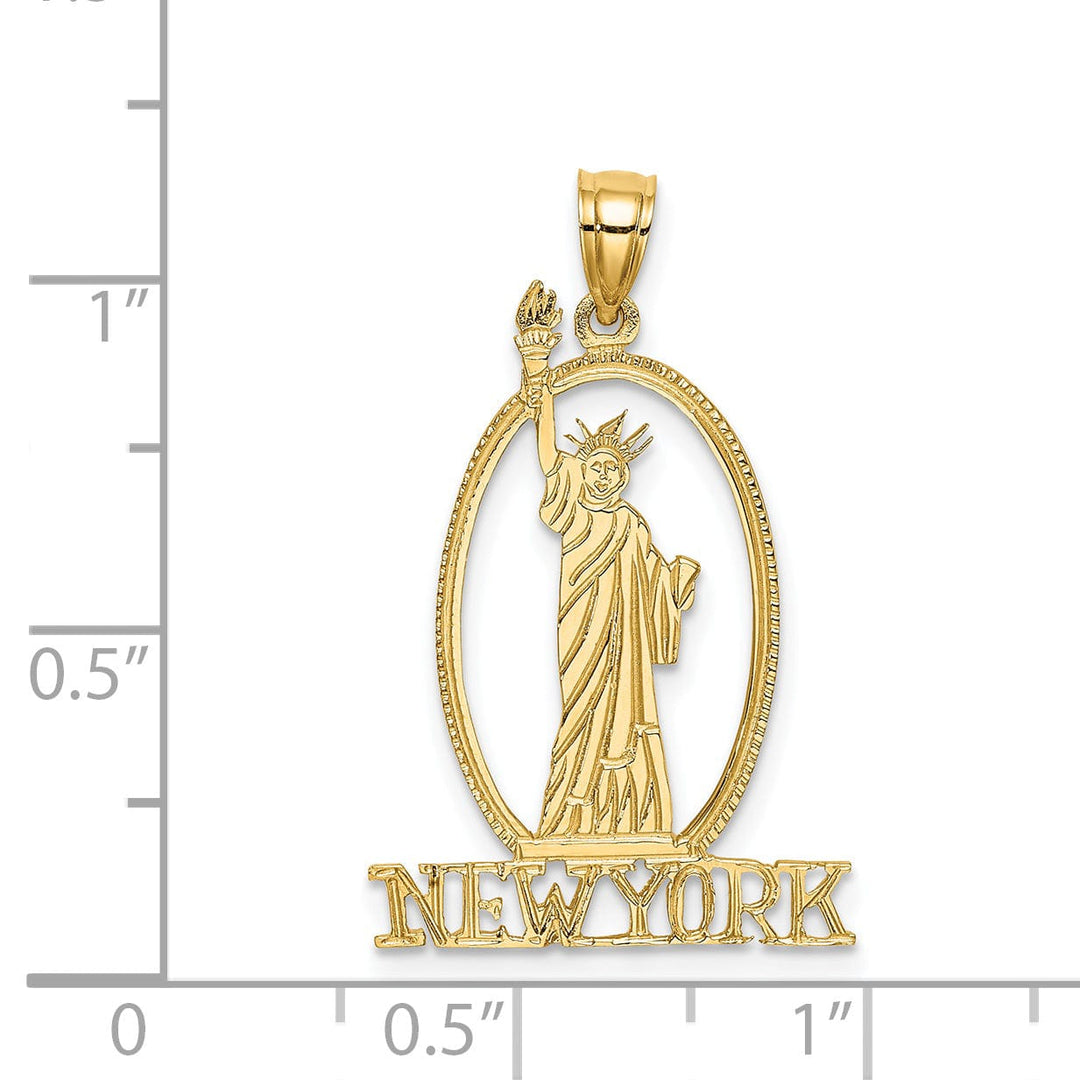 14k Yellow Gold Solid Polished Textured Finish Cut Out NEW YORK with Statue of Liberty Oval Shape Charm Pendant