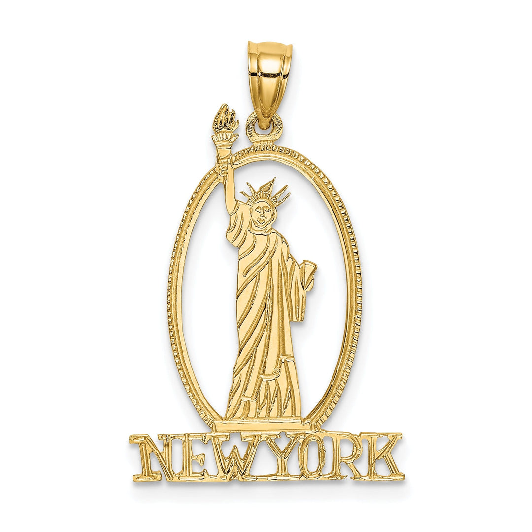 14k Yellow Gold Solid Polished Textured Finish Cut Out NEW YORK with Statue of Liberty Oval Shape Charm Pendant