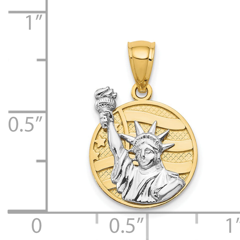 14k Two Tone Gold Solid Polished Textured Finish Lady Liberty on American Flag Disk Design Charm Pendant
