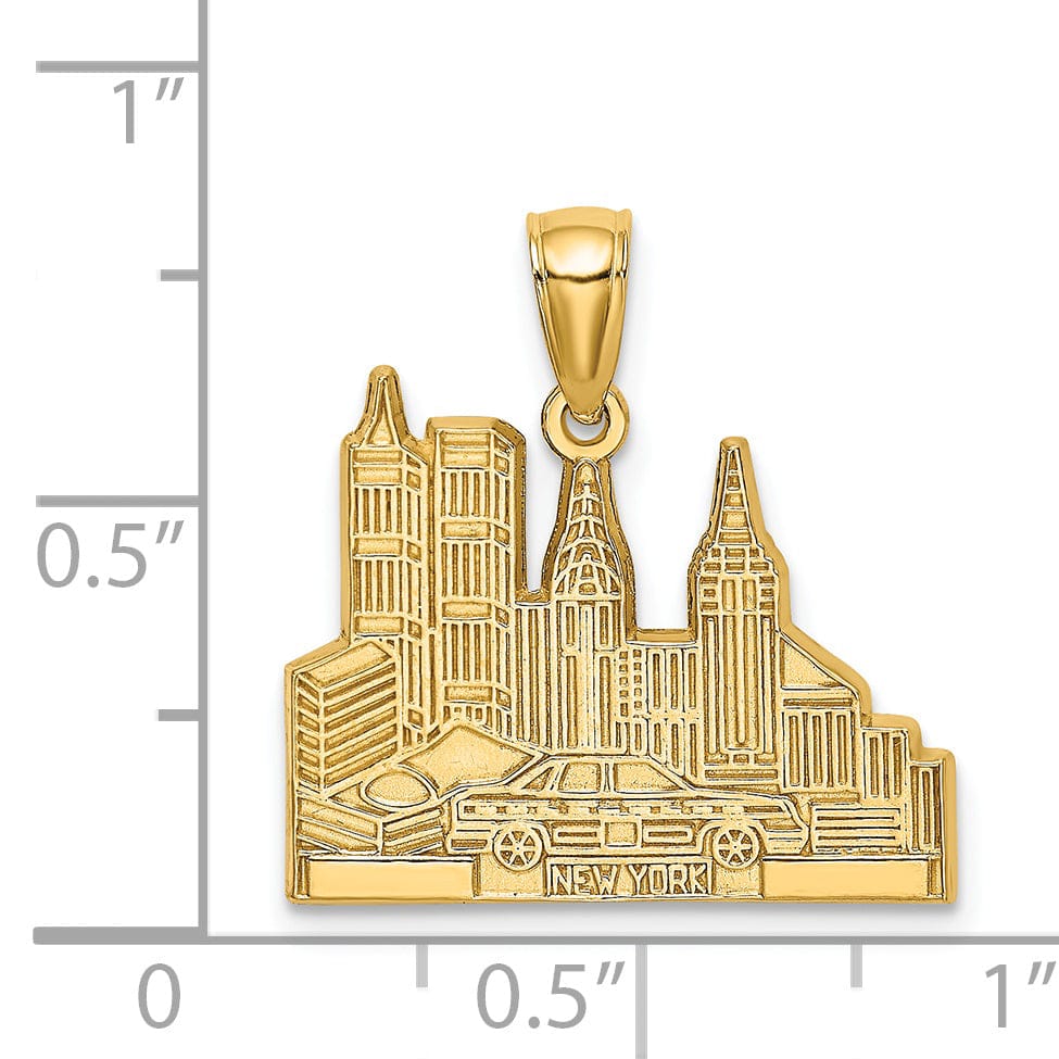 14k Yellow Gold Polished Textured Finish Cut Out of New York Skyline with Taxi Theme Design Charm Pendant