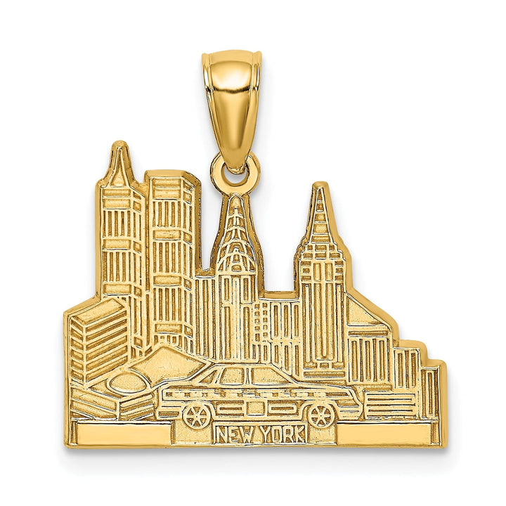 14k Yellow Gold Polished Textured Finish Cut Out of New York Skyline with Taxi Theme Design Charm Pendant