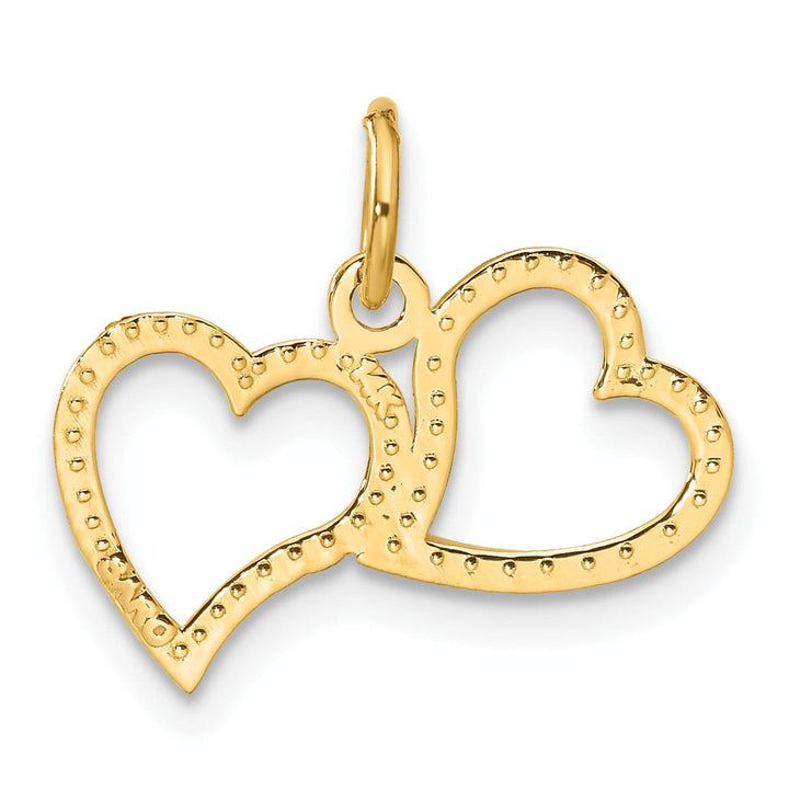 14K Yellow Gold Solid Polished Textured Finish Double Hearts Design Charm Pendant