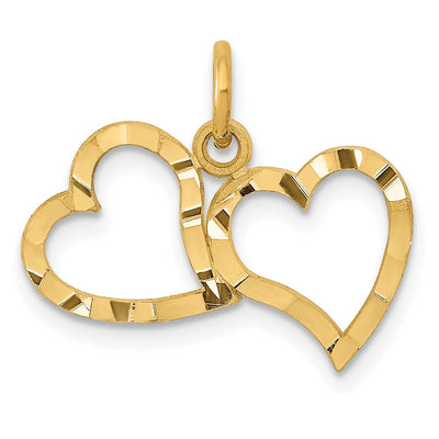 14K Yellow Gold Solid Polished Textured Finish Double Hearts Design Charm Pendant