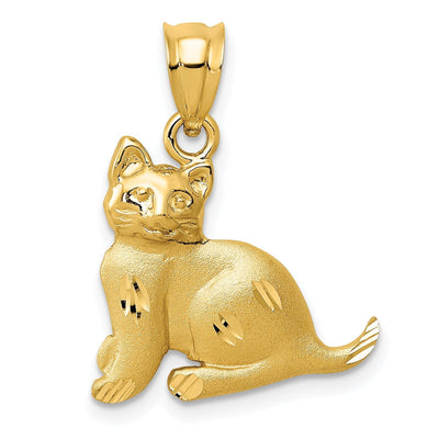 14k Yellow Gold Solid Textured Satin Finish Cat Charm Pendant
