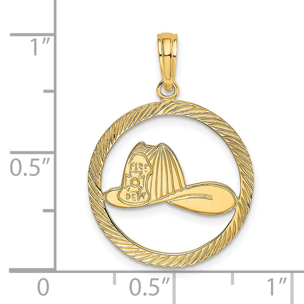 14k Yellow Gold Textured Polished Finish Fireman Helmet in Circle Disk Shape Design Charm Pendant