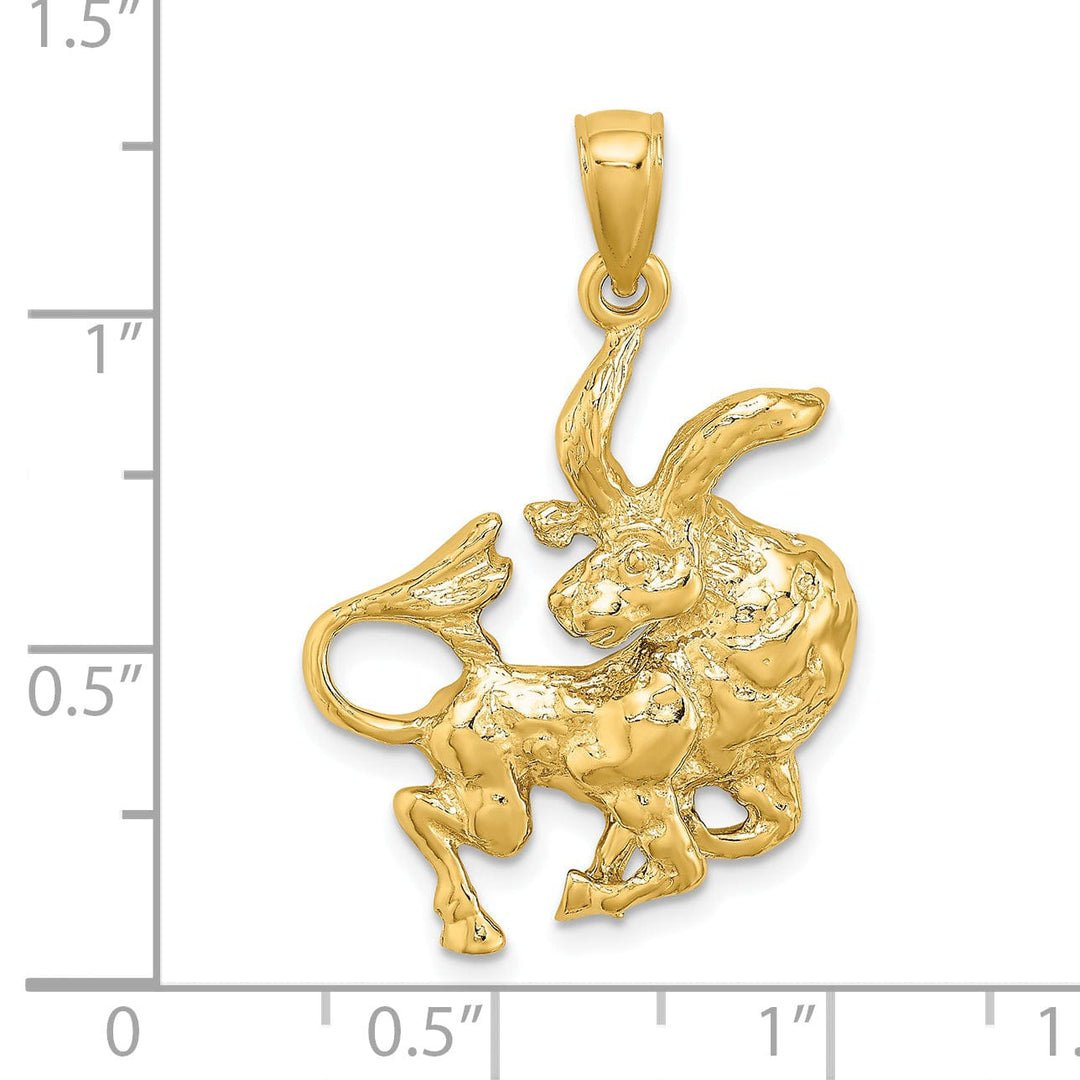 14k Yellow Gold Polished Texture Finish Large Size3-D Taurus Zodiac Charm Pendant