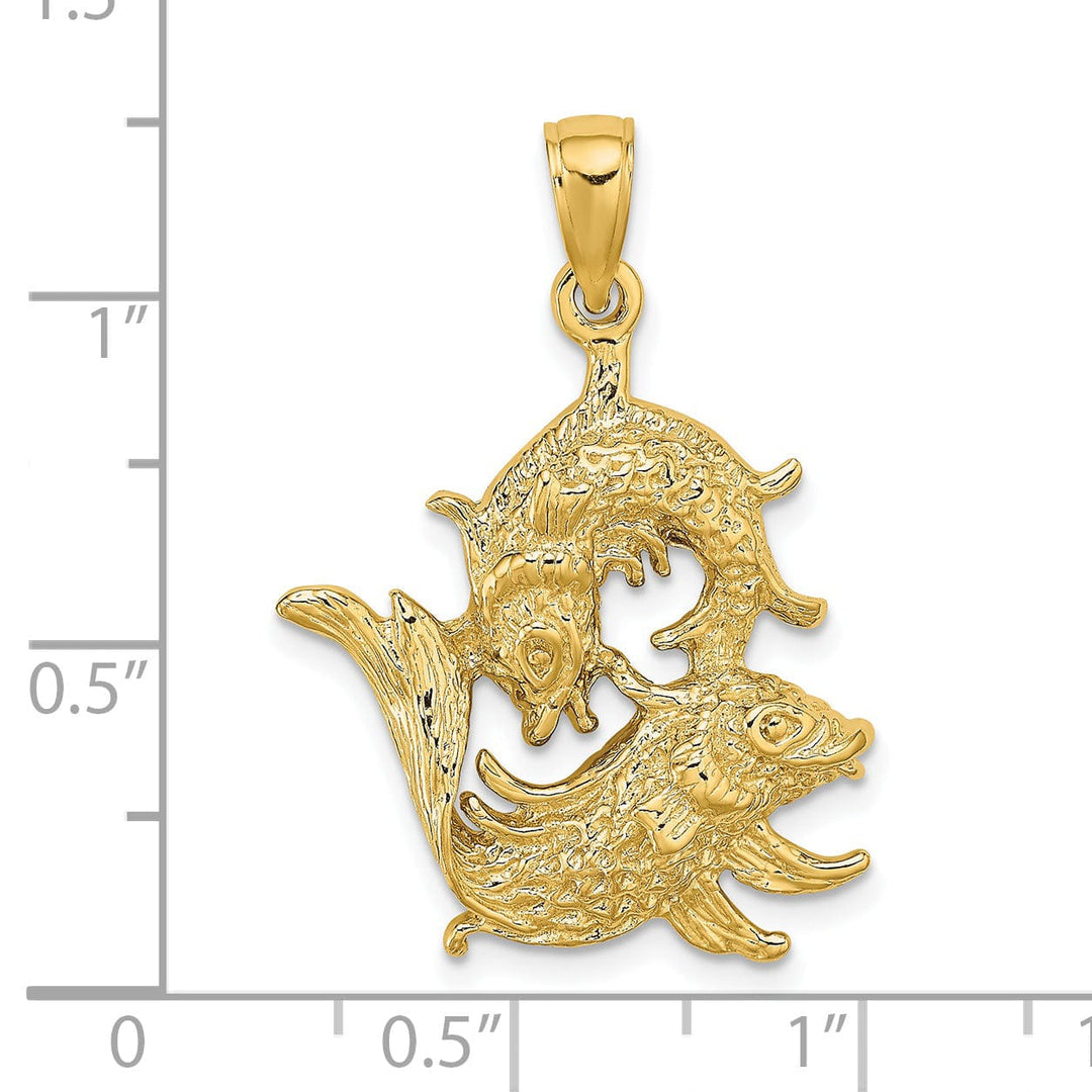 14k Yellow Gold Polished Texture Finish Large Size3-D Pisces Zodiac Charm Pendant