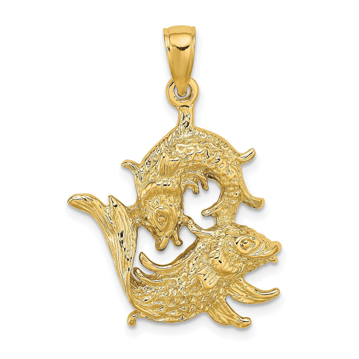 14k Yellow Gold Polished Texture Finish Large Size3-D Pisces Zodiac Charm Pendant