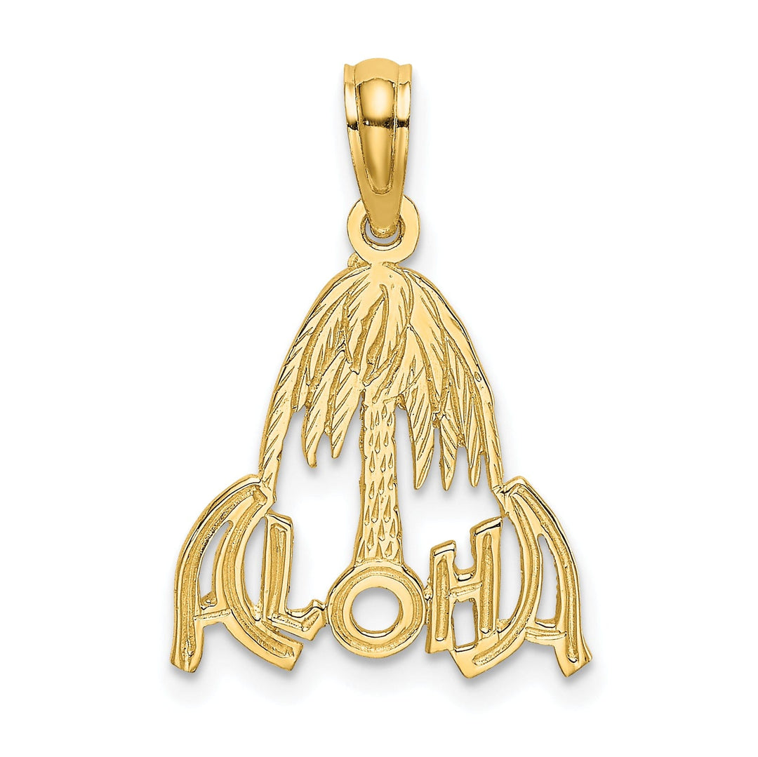 14k Yellow Gold Textured Polished Finish ALOHA Palm Tree Charm Pendant